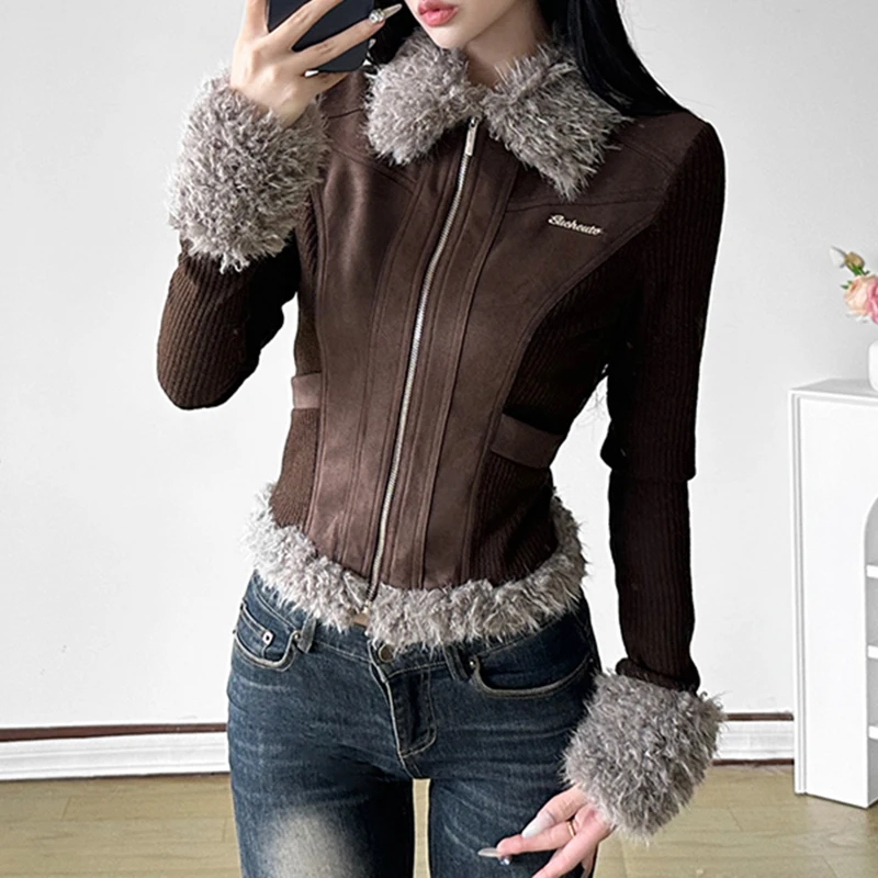 IAMHOTTY Faux Fur Patchwork Suede Jacket Vintage Slim-fitting Zip-up Coat Autumn Winter Contrast Color Outerwear Korean Chic