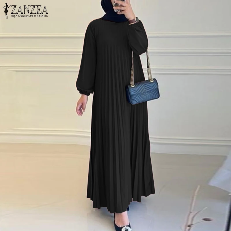 

Ramadan Muslim Abaya Dress 2026 ZANZEA Spring Dresses Women O Neck Long Sleeve Sundress Robe Femme Solid Pleated Maxi Vestidos