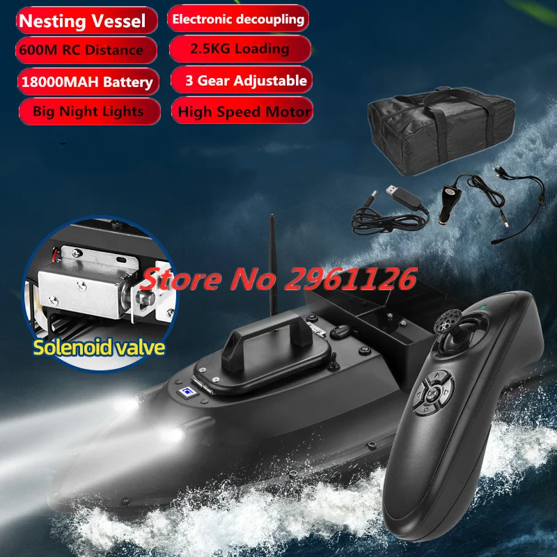 600M 2.5KG Three Gear Adjustable High Speed Nesting Vessel Fishing Bait Boat With Solenoid Valve Large Hopper 18000MAH Nest Boat