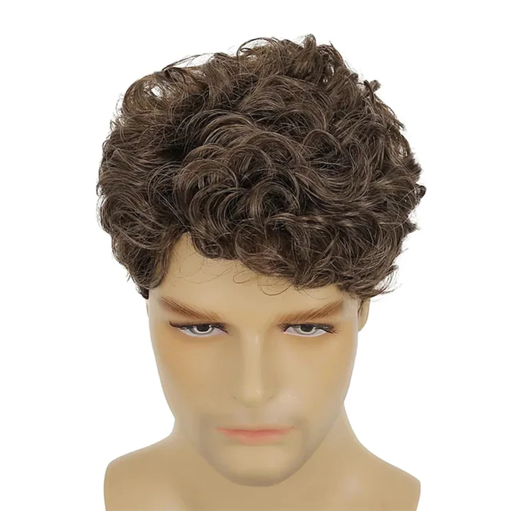 Short Brown Curly Wig Costume Halloween Wig Natural Synthetic Hair Replacement Mens Wig