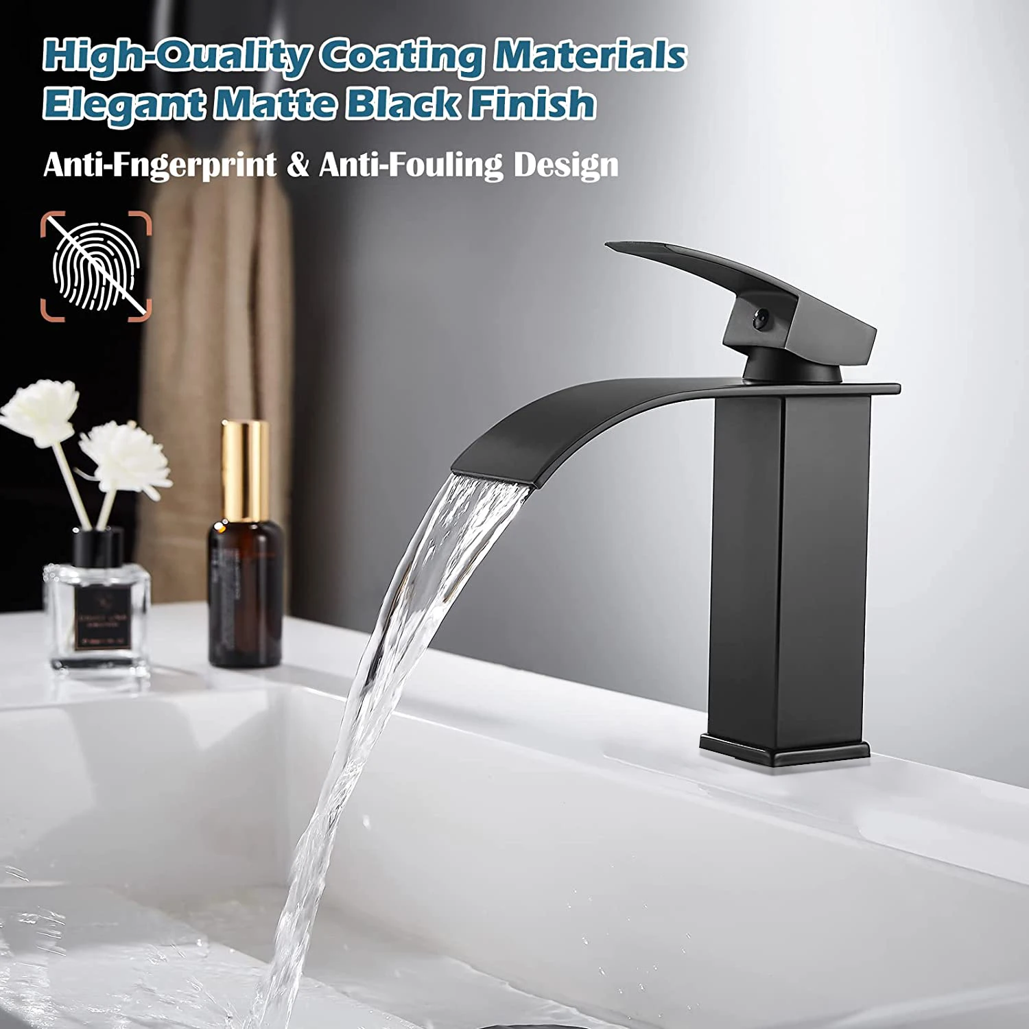 Matte Black Basin Faucet Deck Mounted Single Lever Bathroom Crane Waterfall Brass Bathroom Tap Hot Cold Water Mixer Taps 503