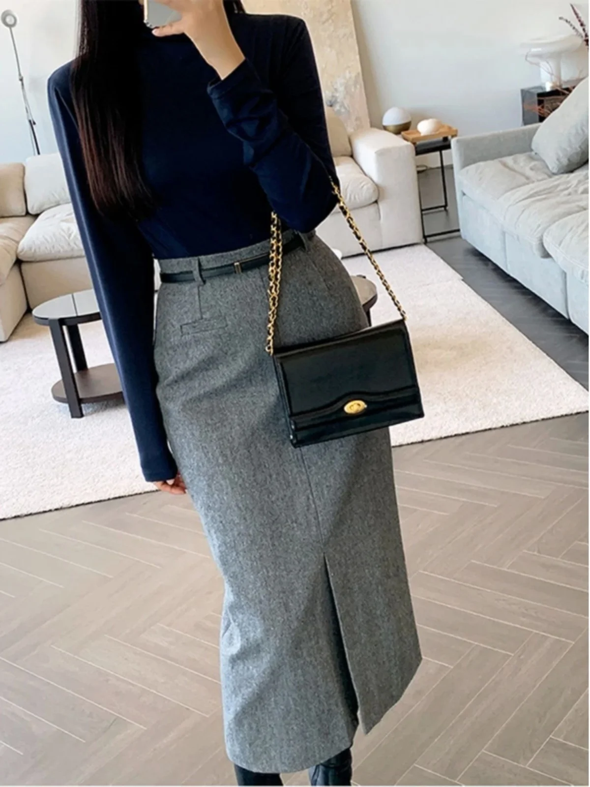 فستان ربيعي سميك رمادي اللون بتصميم ملفوف حول الورك، خصر متوسط، أسلوب الشارع، قماش بوليستر، تنورة ميدي بقصة A مع شق أمامي للنساء