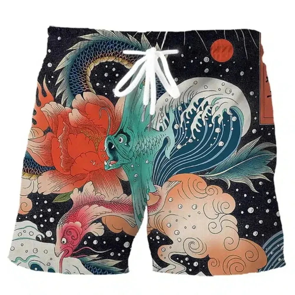 Japanese  Ukiyo-e Wave Koi Fish Phoenix 3D  Print  Breath Quick-dry Men's Short Pants Leisure Vacation Beach Parent-child Shorts