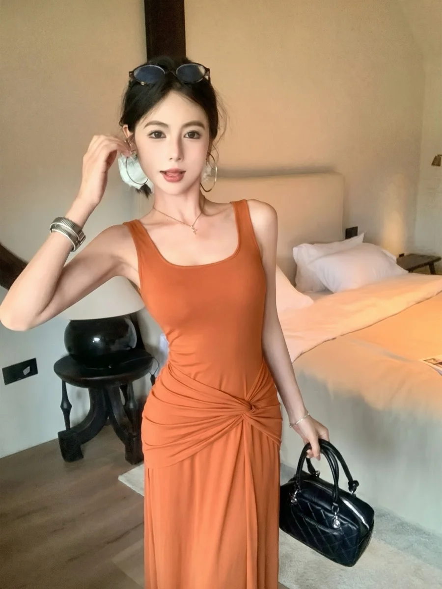 

Kumikumi Orange Belted Vest Dress Women's Slimming A-Line Long Dress Summer New Style Korean Version Knitted No Sleeve