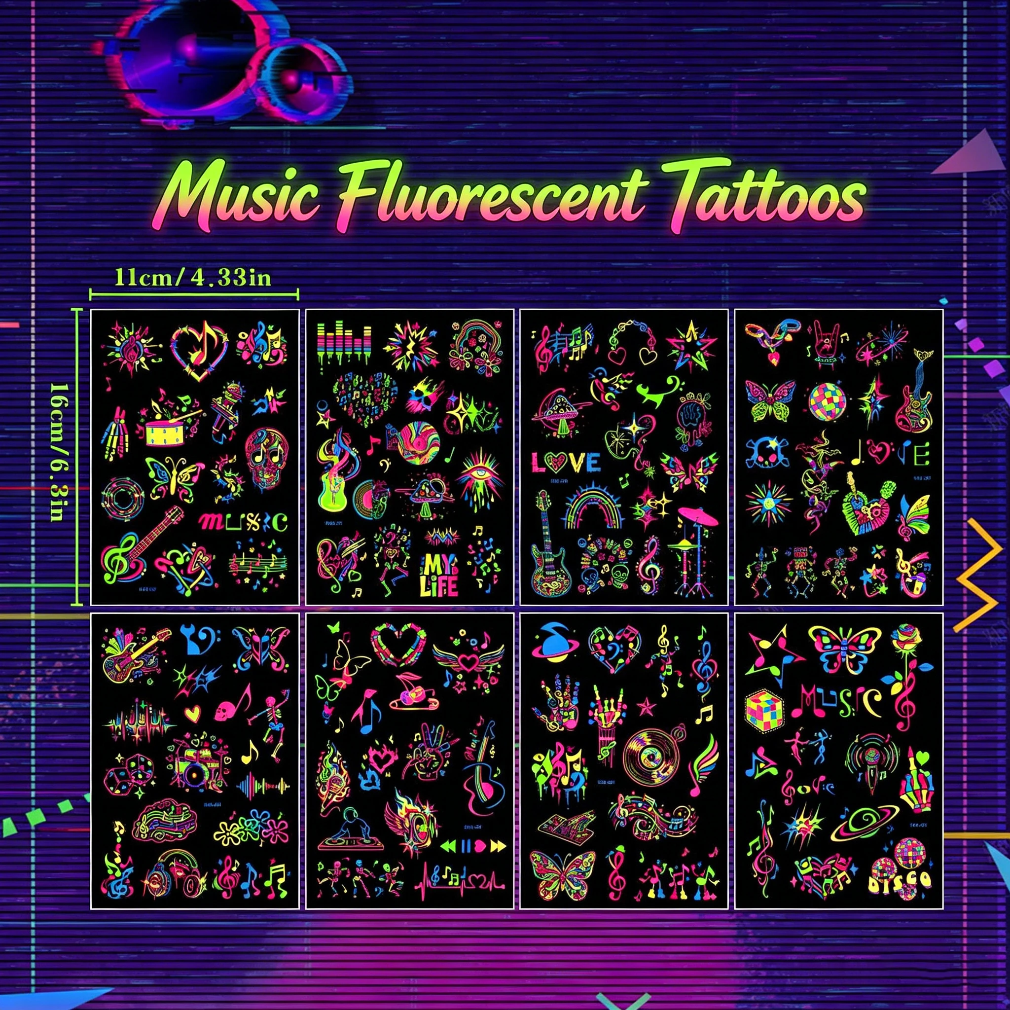 4pcs/set Glow Music Festival Guitar Temporary Tattoo Stickers Colorful Musical Note Magnetic Body Tattoo For Party Gift Sticker