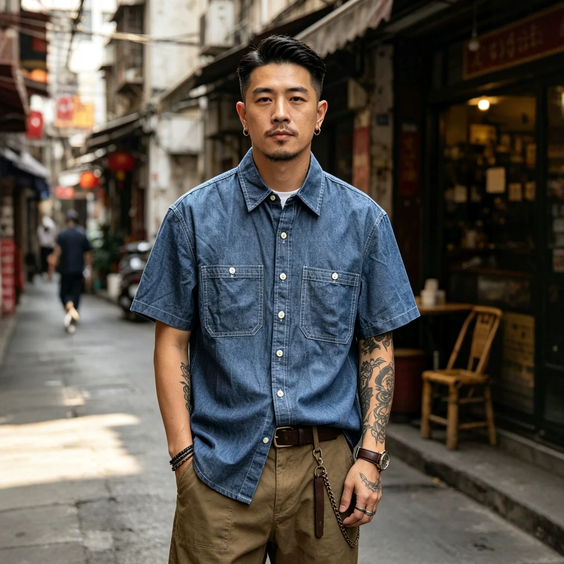 OKONKWO Oxford Cloth Short-Sleeve Shirt with Gem-Button American Western Style Short-Sleeve Shirt