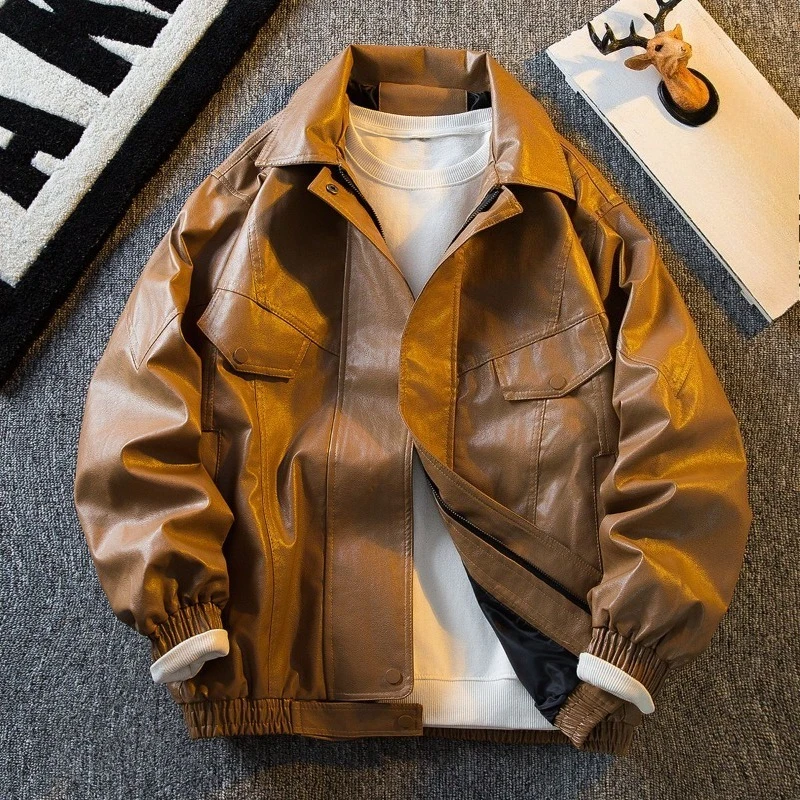 

Винтажная коричневая кожаная мужская куртка 2025 года, новая повседневная байкерская рабочая одежда в стиле ретро в американском стиле, пальто на весну и осень