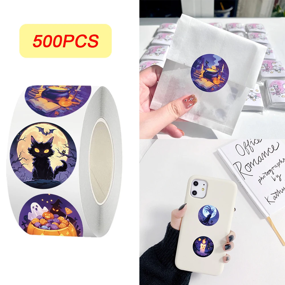 

500pcs/roll Halloween Graffiti Stickers Cartoon Witch Black Cat Sticker DIY Luggage Laptop Phone Sealing Label Decals Decoration