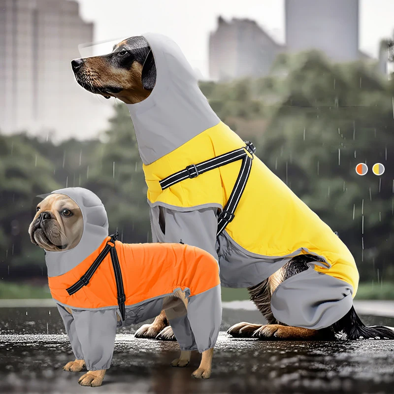 

Waterproof Towable Hooded Dog Raincoat with Transparent Face Mask Lightweight Adjustable 4 Legs Pet Poncho Mascotas Ropa Grande