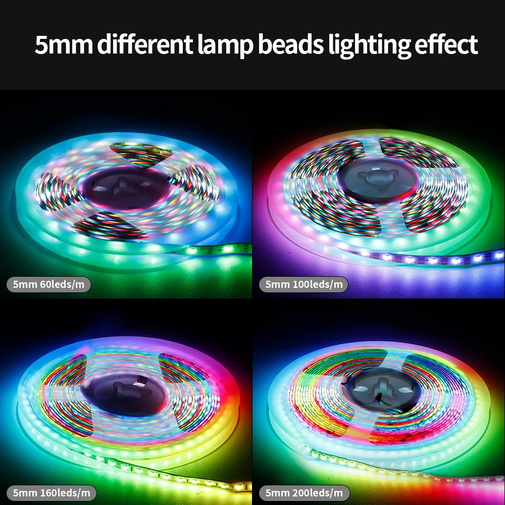 Bande lumineuse IC LED adressable de 5mm PCB WS2812 5050SMD, 60/100/160/200 diodes/m, lumière RGB intelligente et flexible, DC12V WS2812B