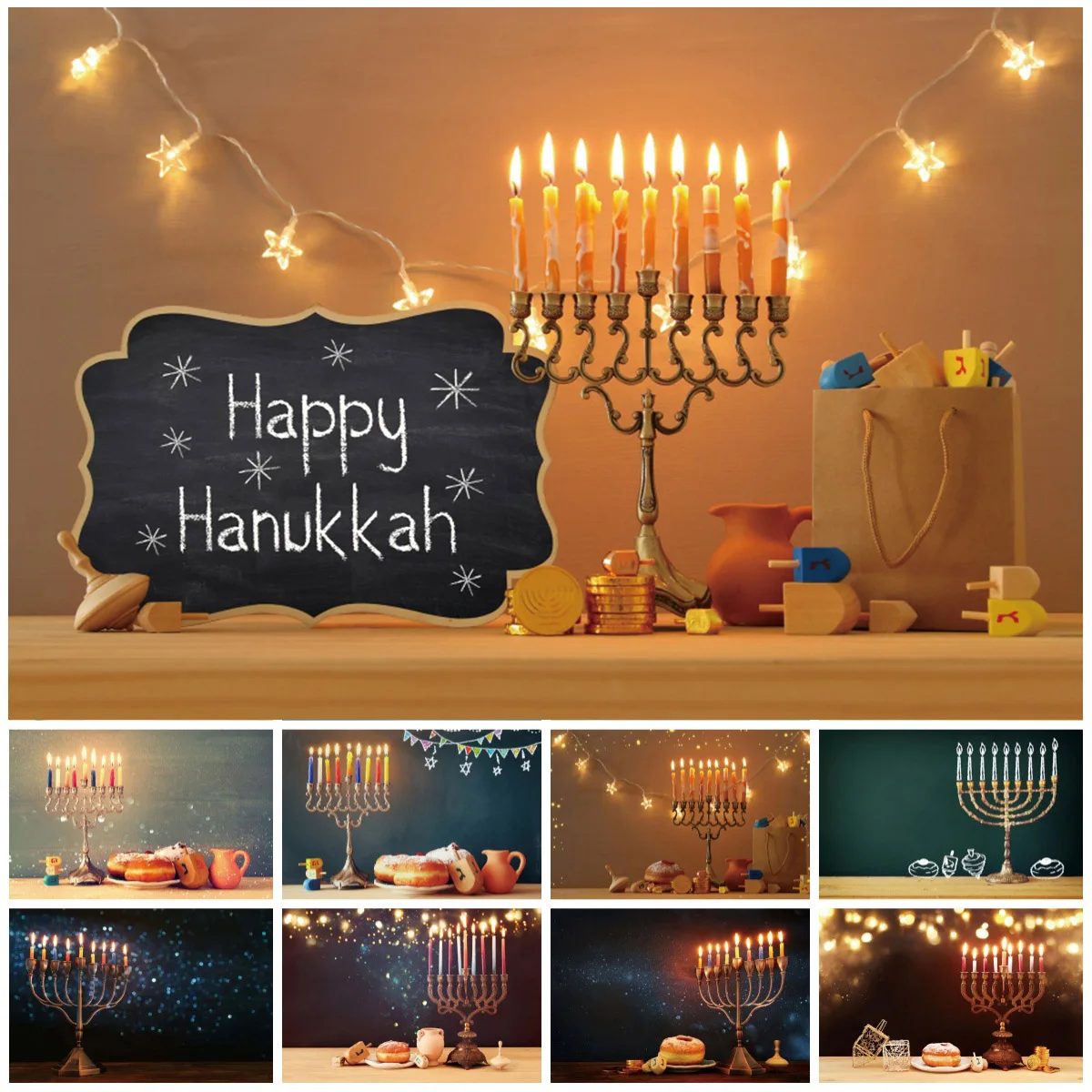 Customized Text Happy Hanukkah Background for Photography Candlestick Honey Bread Jewish New Year Party Backdrop Shooting Props