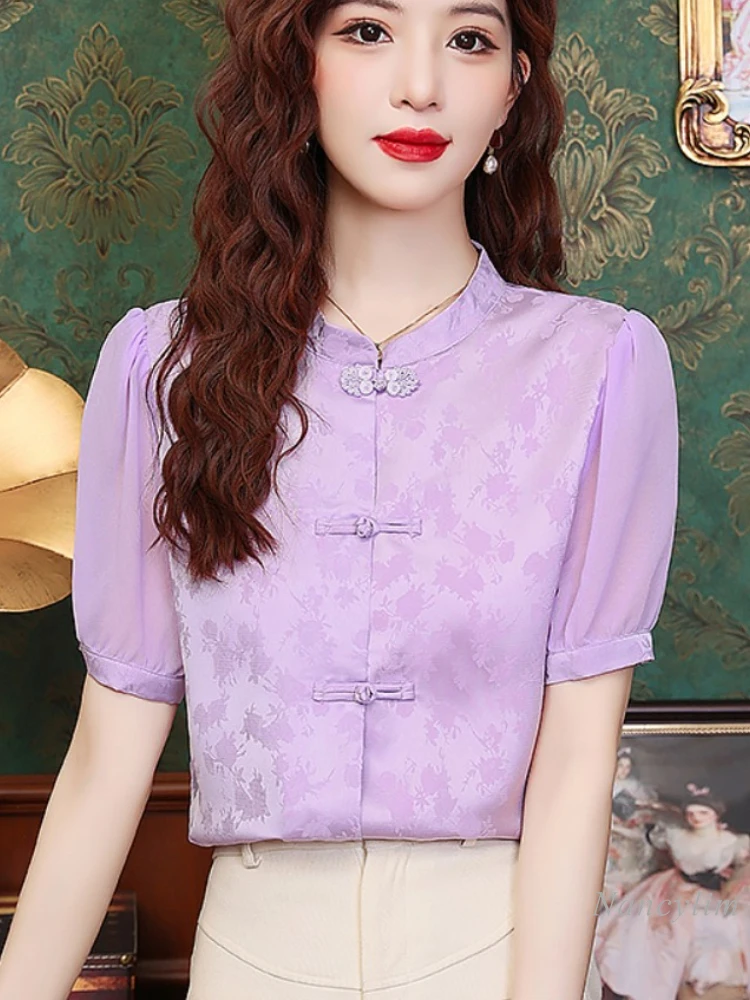 

New Chinese Style Frog Button Short Sleeve Blouse Women's Clothing 2024 Summer New Style Buckle High-Grade Print Purple Blusas