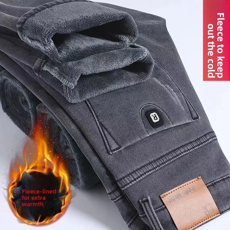 Denim Winter Velvet Thickened Slim-fitting Small Feet Elastic Casual Warm Men's Pants Cotton Trousers Jeans for Men Streetwear