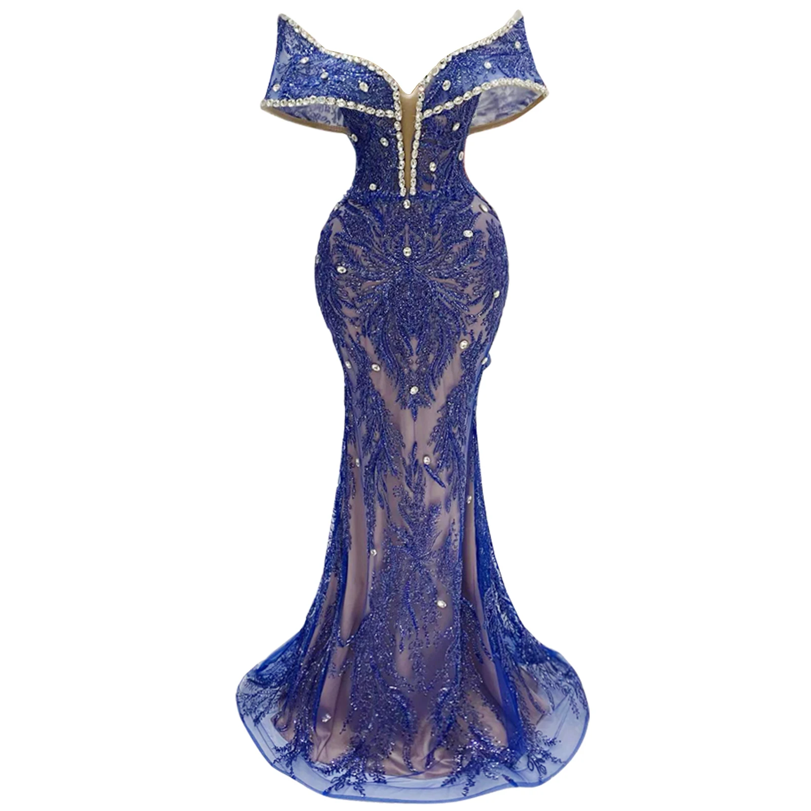 Women's Long Ball Gown With Rhinestone Trim One-Shoulder Lace Embroidery Elegant Gorgeous Party Dress