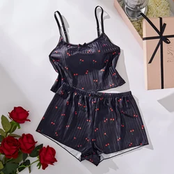 Girls Cute Strappy Homewear Thin Casual Top and Thong Night Underwear Sleepwear Pajamas Set