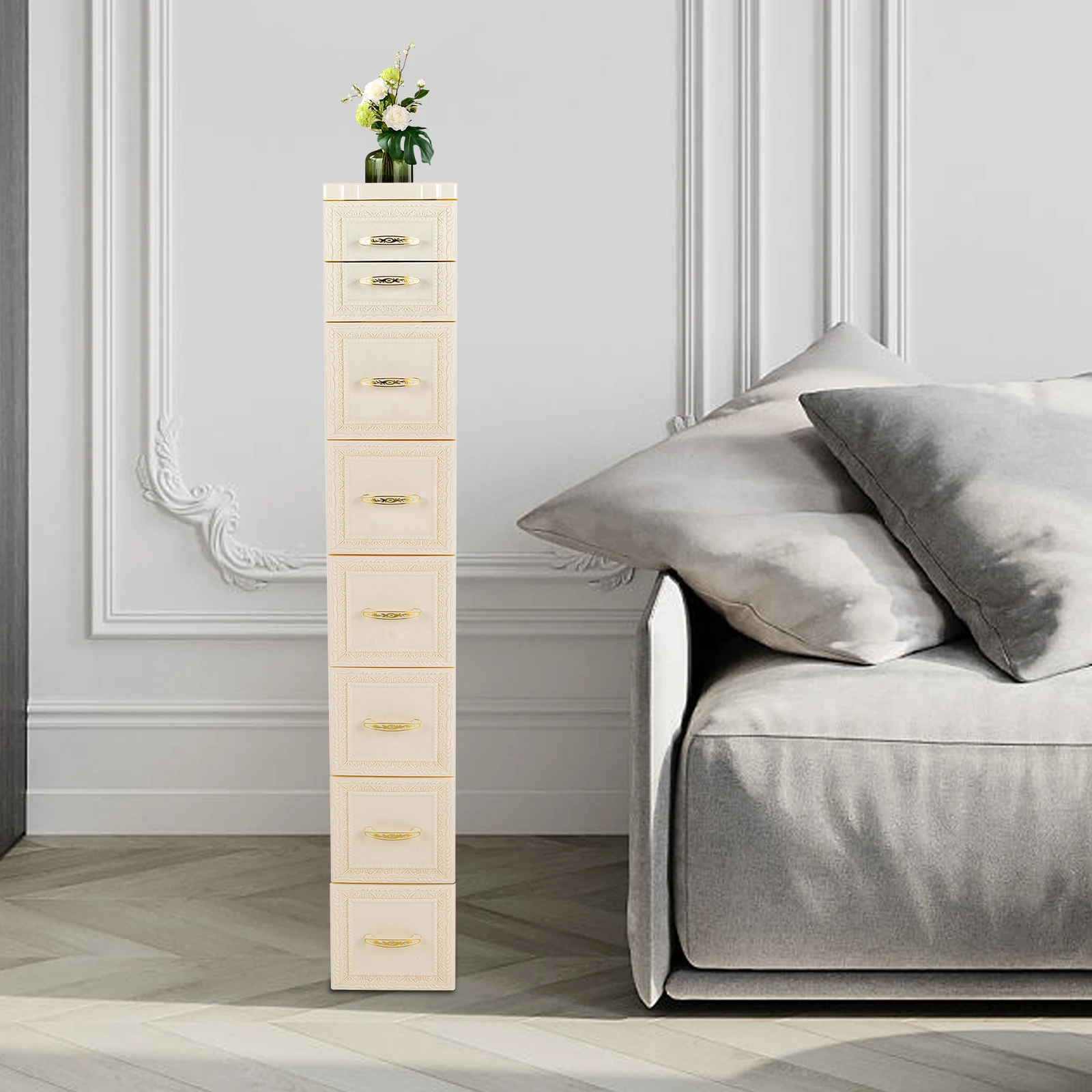 

Milk White 7-Tier Plastic Storage Cabinet with 8 Drawers & 4 Rolling Casters, Modern Rectangular Organizer for Bedroom Bathroom