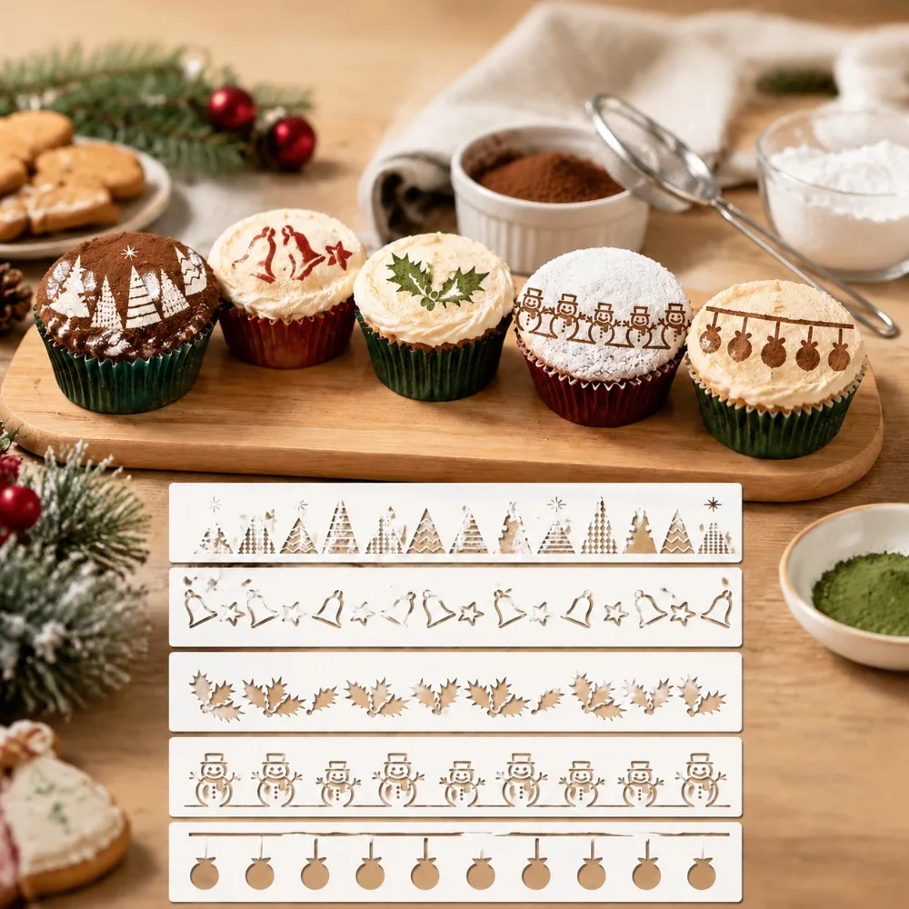 Christmas Hollow Border Stencils 5Pcs Food Safe PET Snowman Ornament Bell Tree Pattern for Cake Cookie Fondant Baking Tools