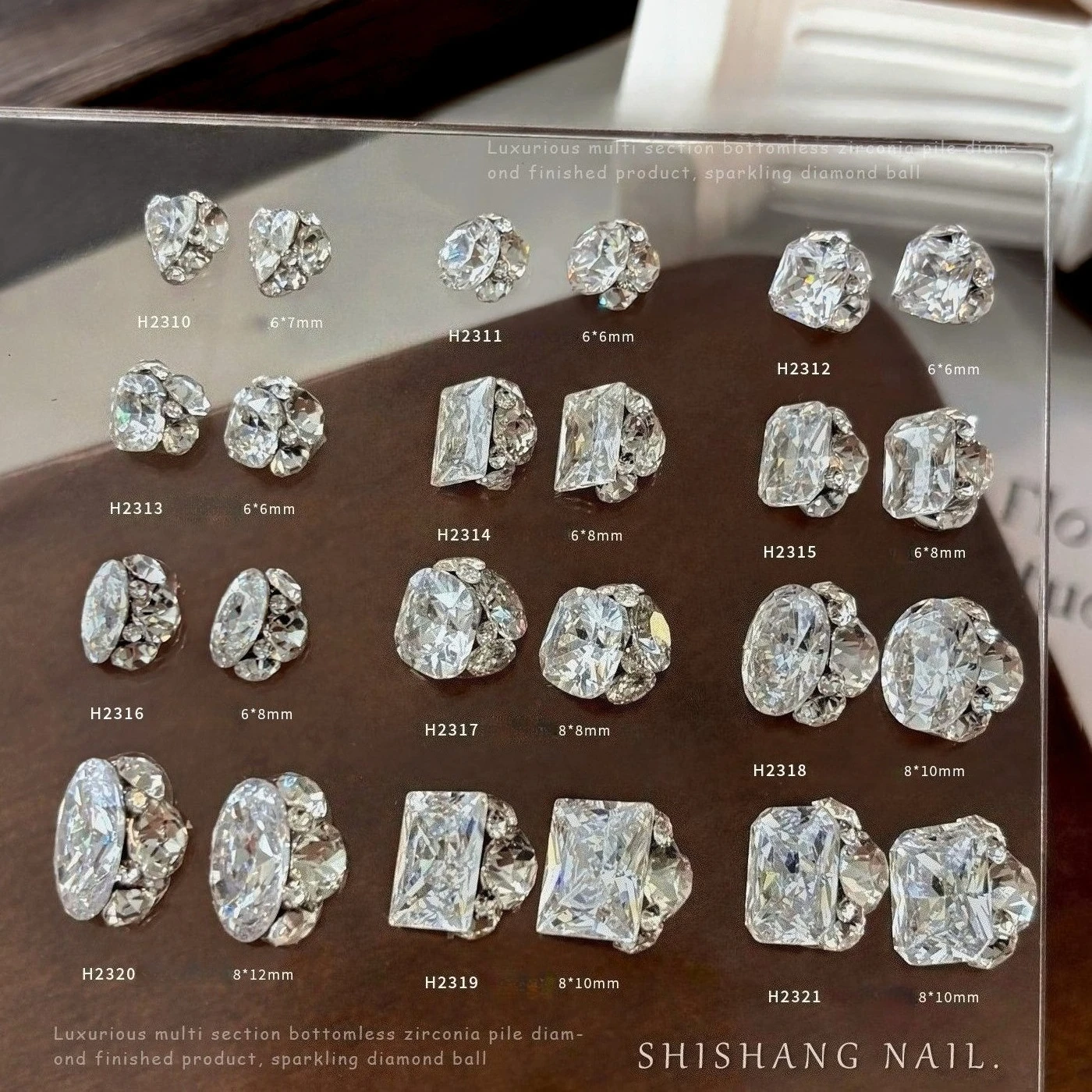 6Pcs Baseless Pre-made Zircon Nail Clusters, Sparkling Fat Square, Oval, Sugar Cube & Heart Rhinestone Charms