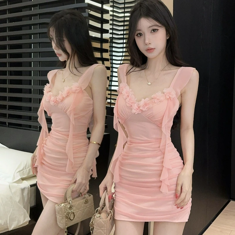 

2026 Summer New Fashion Korean Sexy Spicy Girl Style Three-dimensional Flower Suspender Dress Slim Hip Hugging Skirt for Women