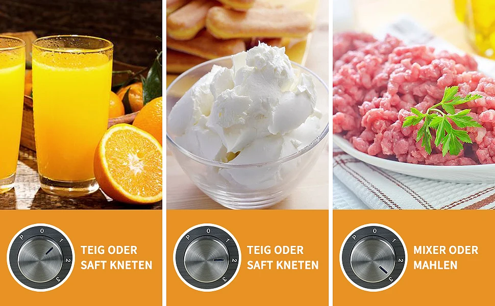 1300 W Mehrzweck-Küchenmaschine, 3,5 l Kneten, 1,5 l Mixer, Zitruspresse, 11 professionelles Zubehör, Mahlen/Herkleinern/Schneiden – Detail 2