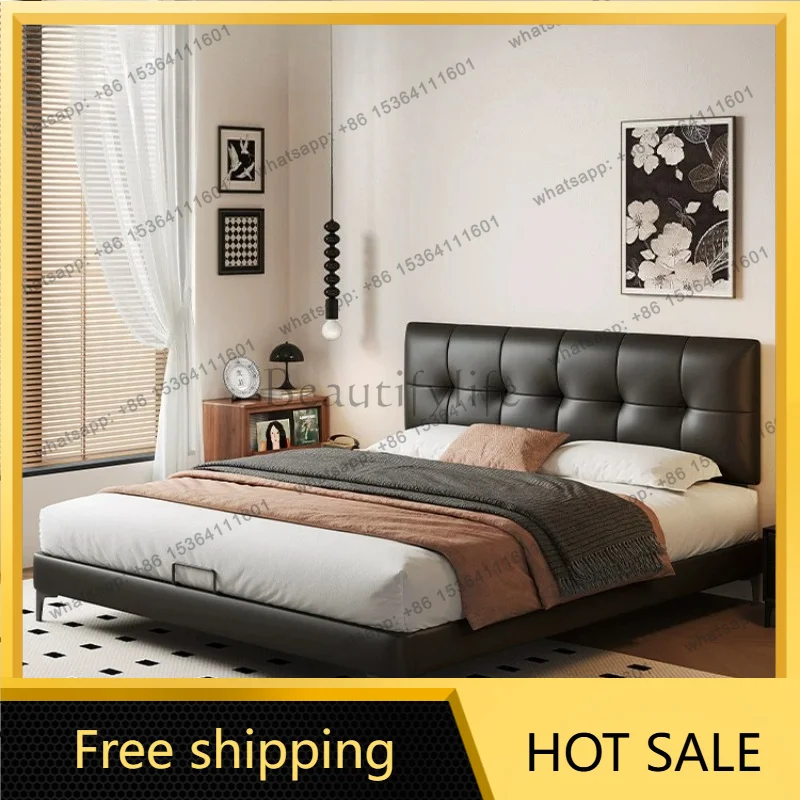 FG Italian light luxury slim headboard leather bed small master vintage full wrapped double bed home bedroom interior decor la