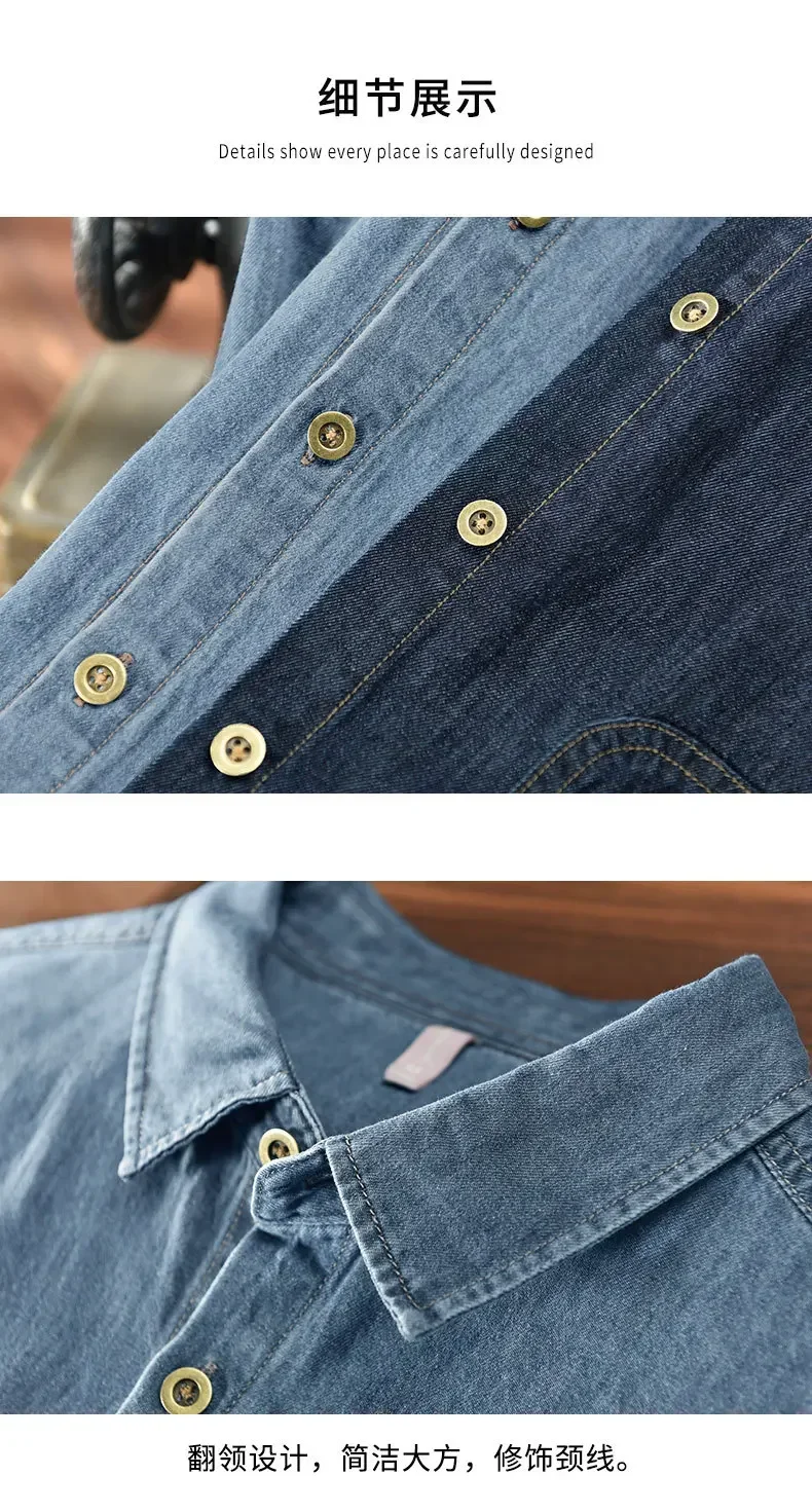 الرجعية طويلة الأكمام قميص دينيم الرجال الشارع الشهير الضوء الأزرق جان القمم متعددة جيب القطن الخالص كاوبوي قميص الذكور قمصان فضفاضة غير رسمية