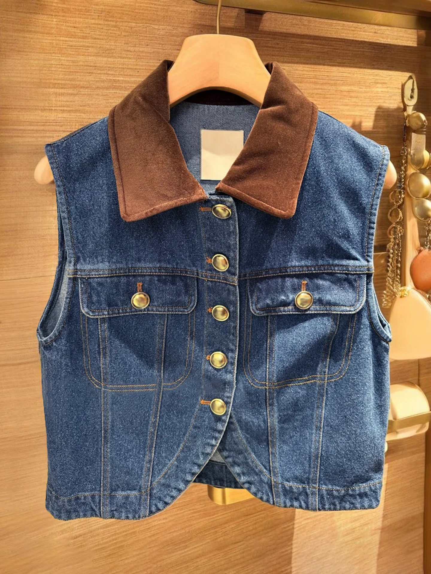 

S Home South Oil High End Women's Faion Autumn Vintage Denim Vest Svel Top Commute Sle Splice Design ort Length