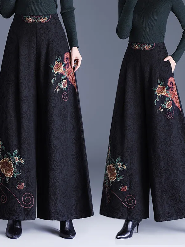 

Новые китайские брюки с высокой талией и широкими штанинами для женщин, с обильной вышивкой, свободного кроя, с цветочным узором, для женщин среднего возраста