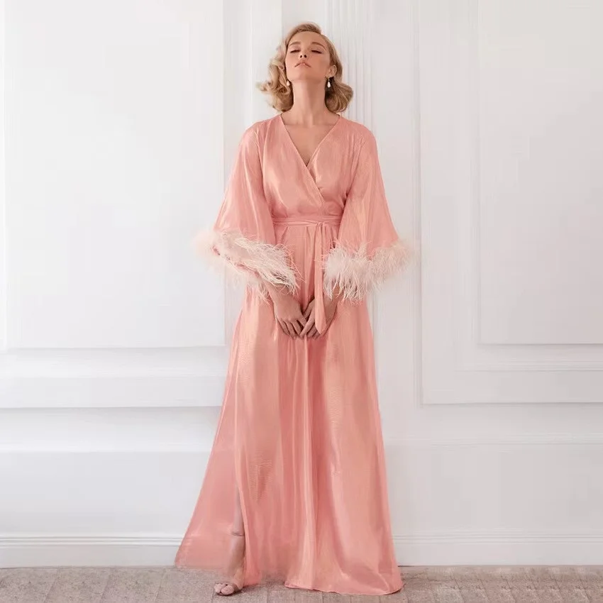 

New Lace up Feather Nightgown Loose Home Clothes Open Cardigan Sle Women's Sp Robe Sweet Sle Pure Color Autumn Long