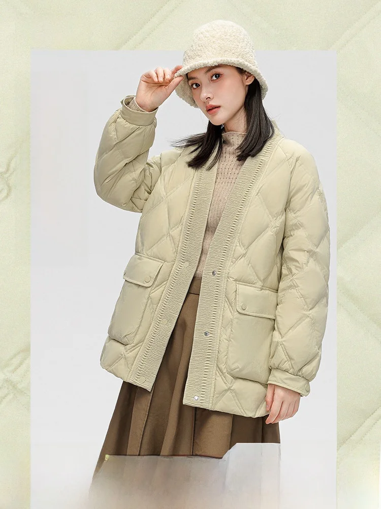 

Snow Flng 2023 Winter Women's ort Du down Jaet Large V-ne Quilted Faion Diamond Pattern Warm Polyester Fiber