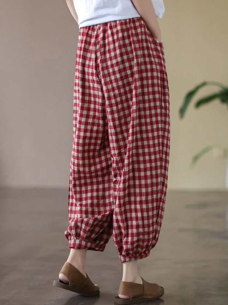 ارتفاع الخصر المرأة الكتان تسعة عشرات فانوس السراويل عارضة الرجعية منقوشة القطن الكتان هارلان السراويل تخفيف Sle الصيف جمع #3