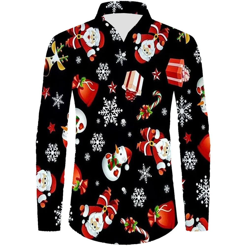 Cartoon Santa 3D Christmas Print Men's Long Sleeve Shirt Fashion Men's Shirt Casual Plus Size Snowman Holiday Party Shirt Top
