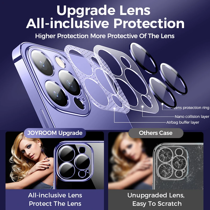 Joyroom Funda de Teléfono Chapada para Móvil iPhone, Carcasa Transparente, Cubierta Protectora a Prueba de Golpes, Protección para Lente Completa, Accesorio de TPU y PC, Compatible con Modelos 14, 13, 12, Pro, Max