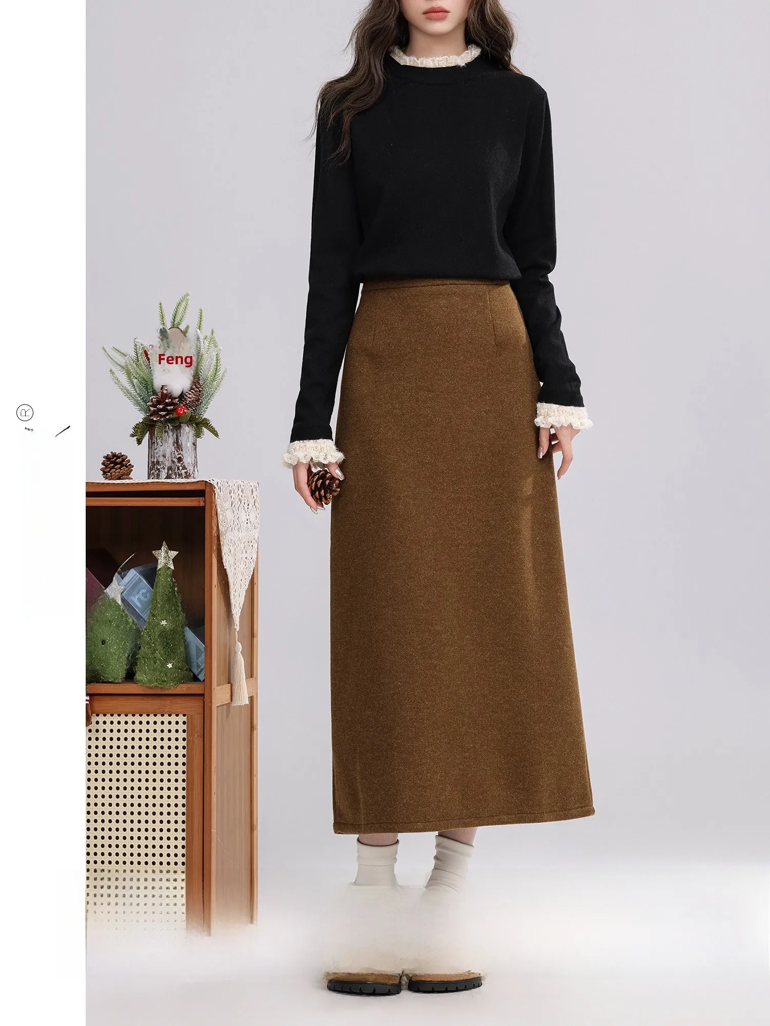 

Classic A-Line Skirt Women's High Waist Fleece Lined Vintage Style Coffee Color Warmth Comfortable Polyester Fiber