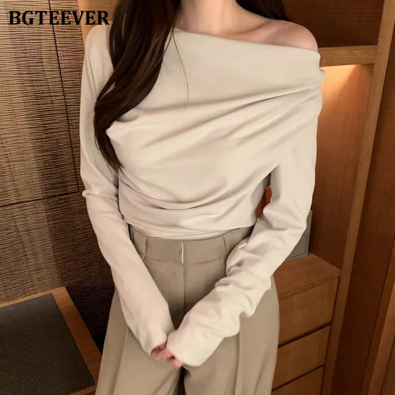 BGTEEVER Elegant Slash Neck Women Pullovers T-shirts Long Sleeve Loose Female Tops Spring Fashion Ladies Tees