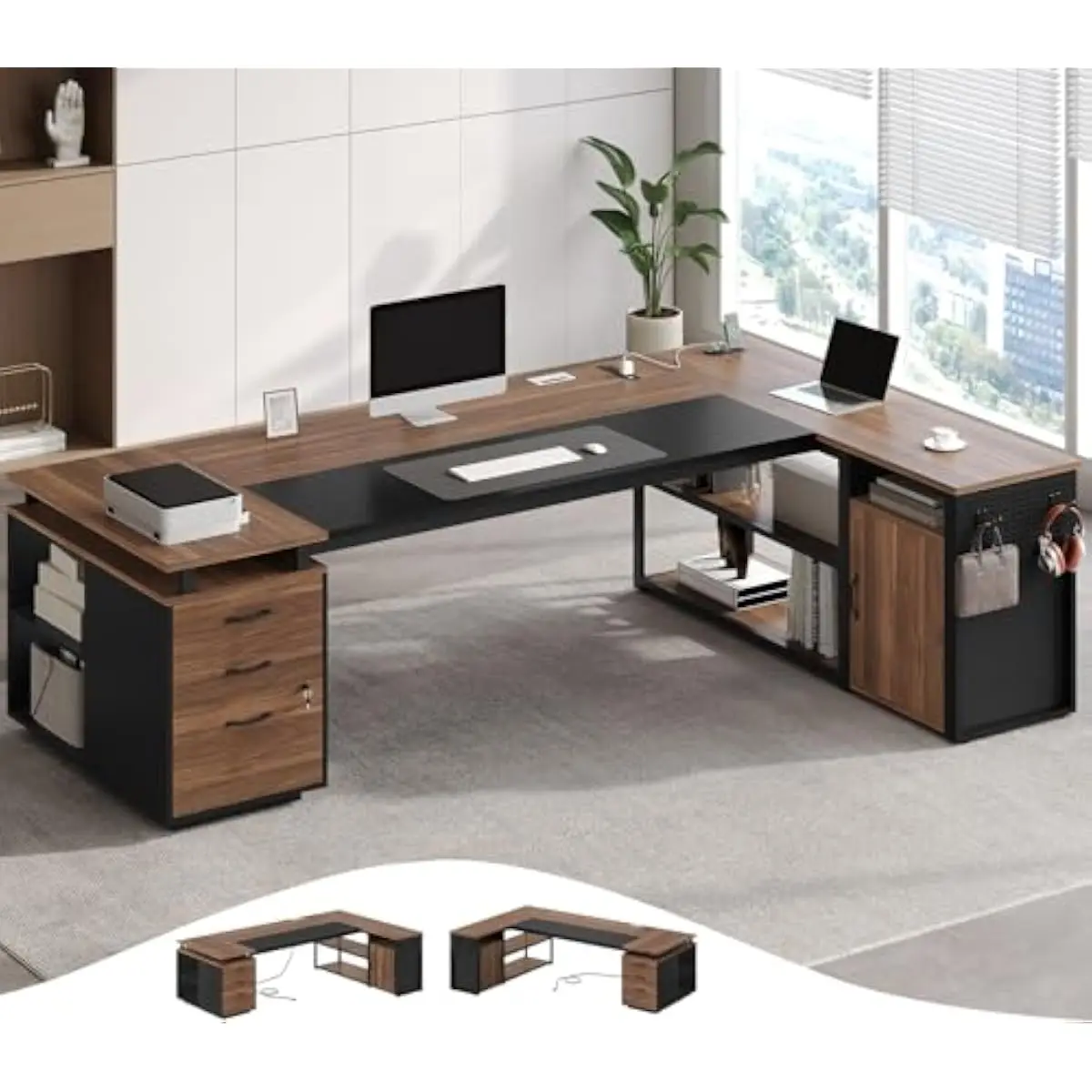 78 Inch L Shaped Executive Workstation Featuring Reversible Layout Power Hub With 4 Outlets 2 USB Ports Adjustable Storage Drawe