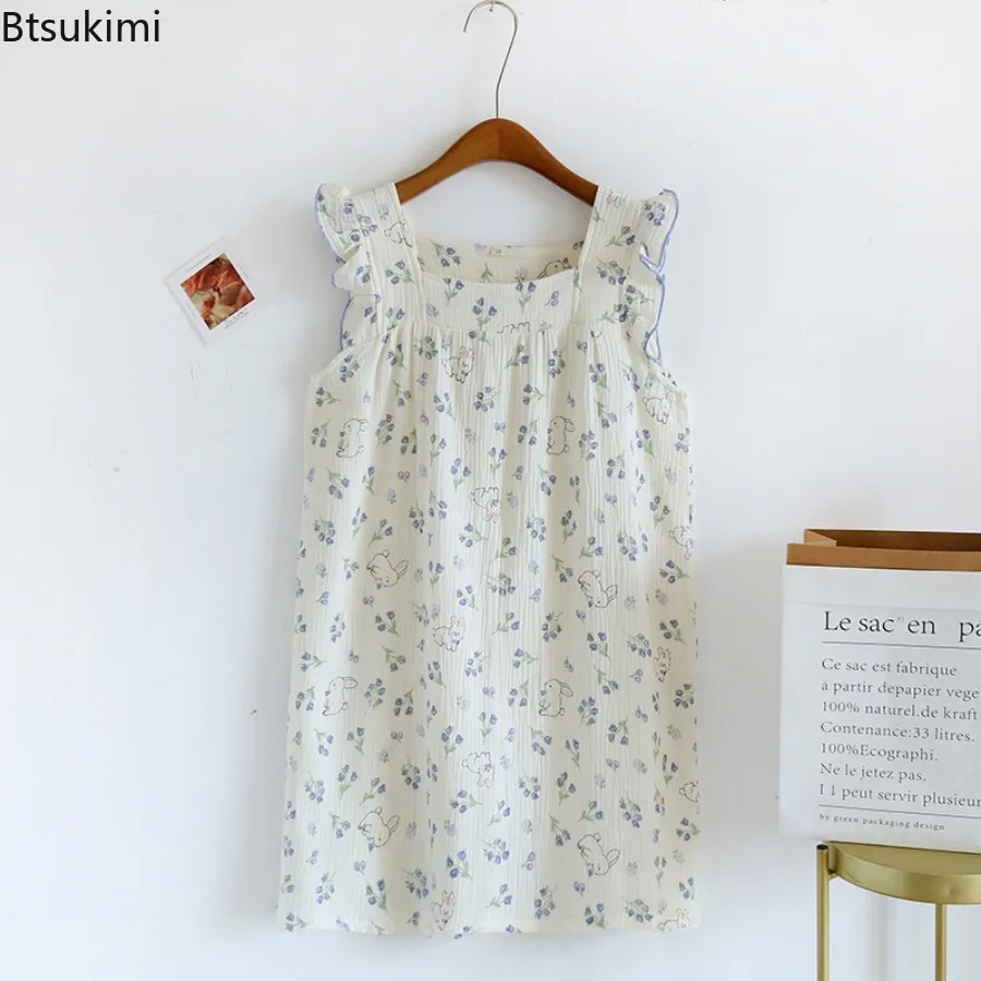 2025 Women's Sleeping Skirt Spaghetti Strap Nightdress Skirt 100% Cotton Gauze Comfortable Floral Print Home Pajamas for Women