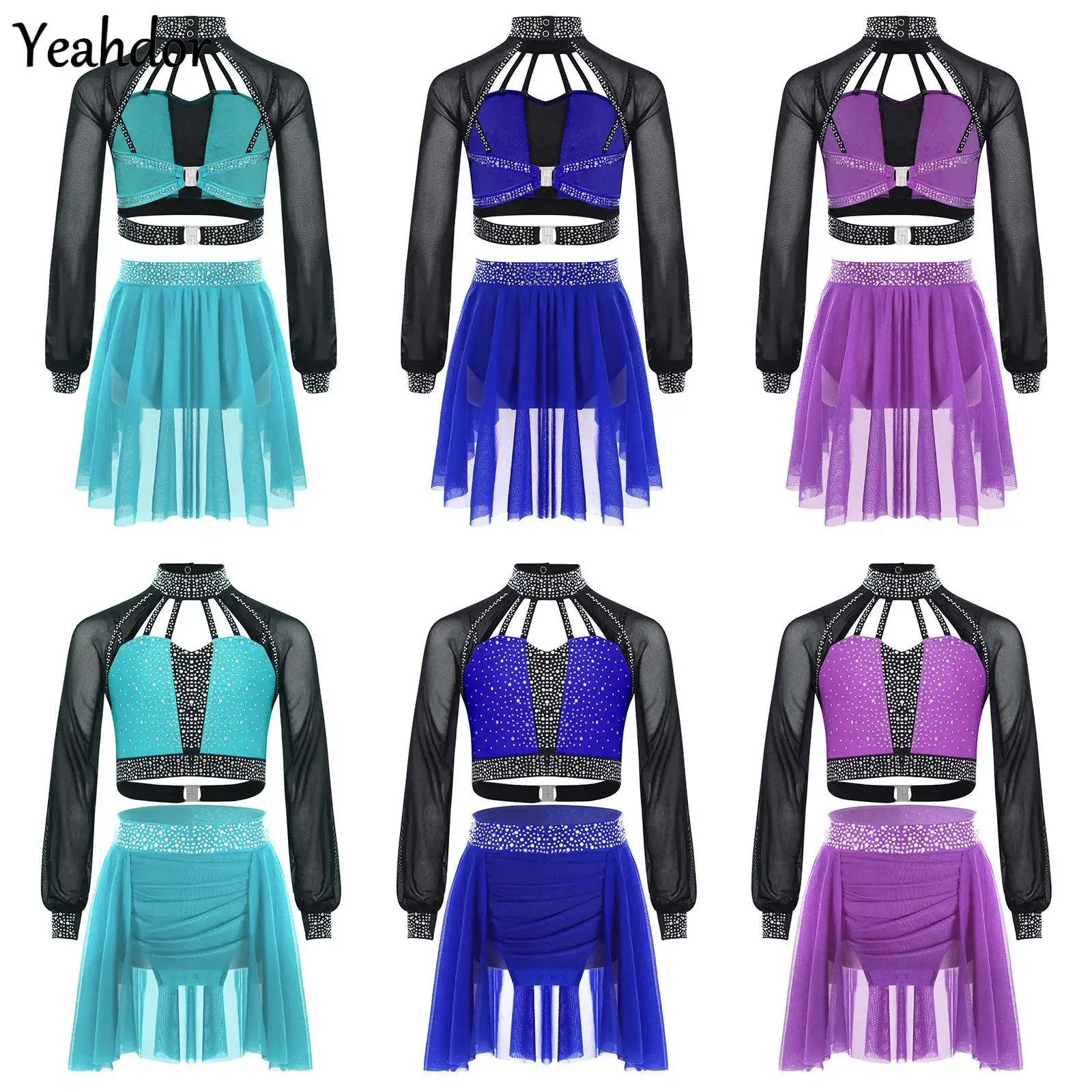 

Girls Ballet Dance Set Sheer Mesh Long Sleeves Rhinestones Dance Crop Top with Skirt Skating Contemporary Lyrical Dance Costume