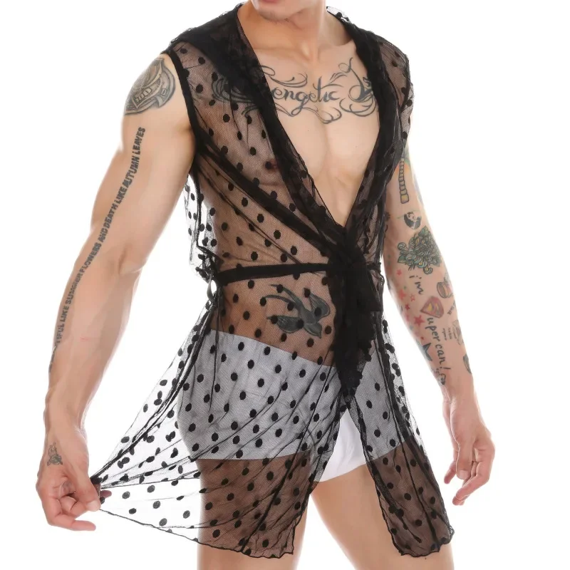 YUFEIDA Loose Leisure Mesh Sheer Robes Men Bathrobe Sexy Long Lace Up Transparent Nightwear Hooded Homewear Nightgown Sleepwear