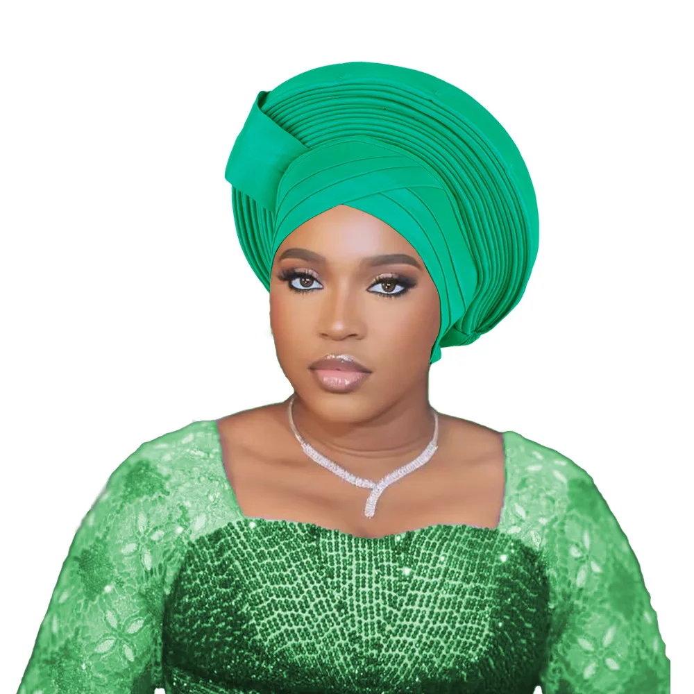 

2025 African Auto Gele Headtie Women Turban Cap Solid Color Nigeria Autogele Wedding Party Gele Headwear Female Head Wraps Ready