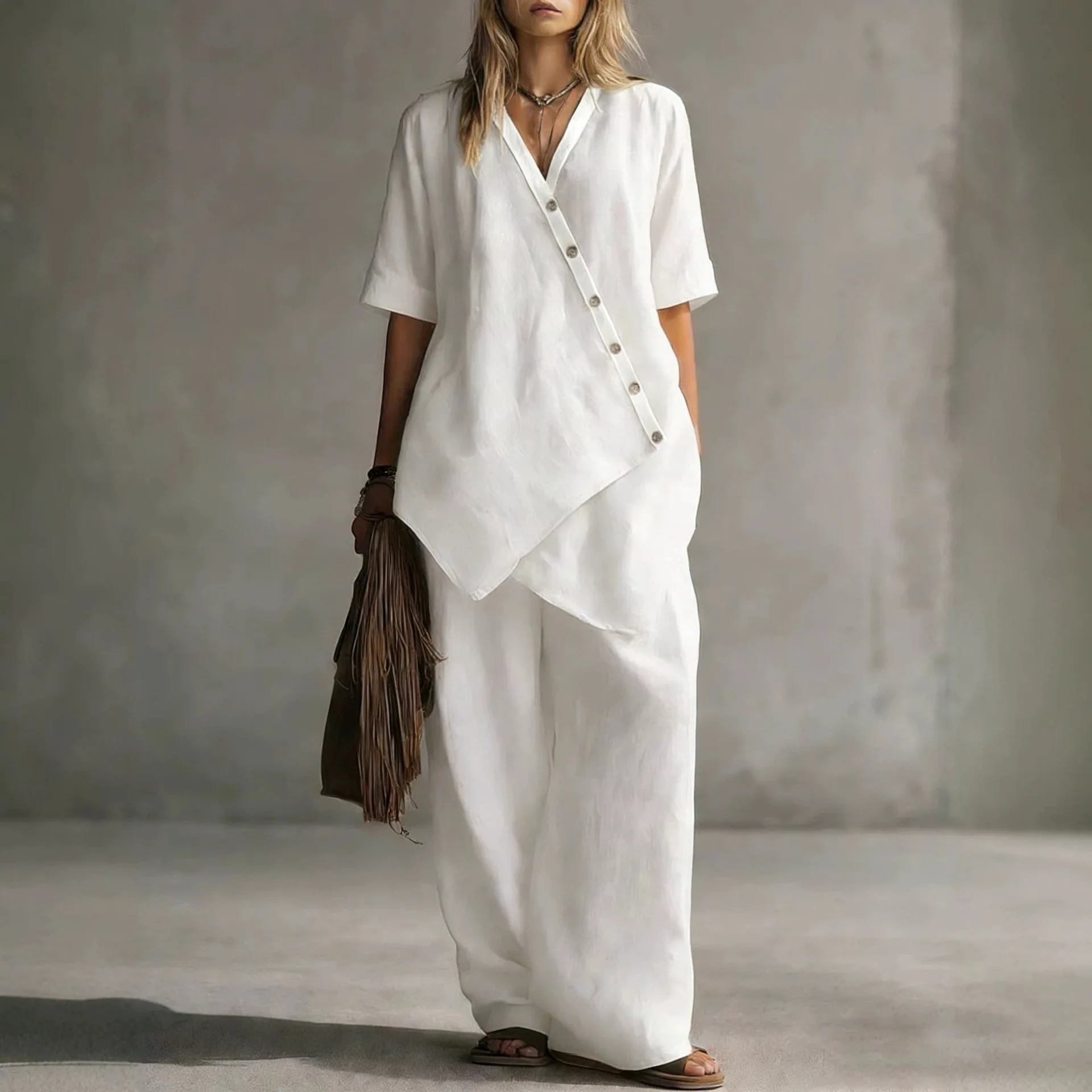 Casual V-neck Short-sleeved Loose Pure Color Sweater Cardigan Long Pants Two-piece Set Comfortable Breathable Cotton Linen Blend