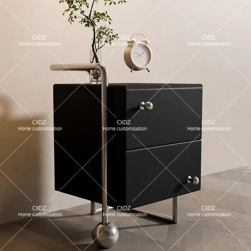 Medieval Classic Solid Wood Bedside Table with Drawers Modern Simple Stainless Steel Storage Locker for Bedroom Minimalist