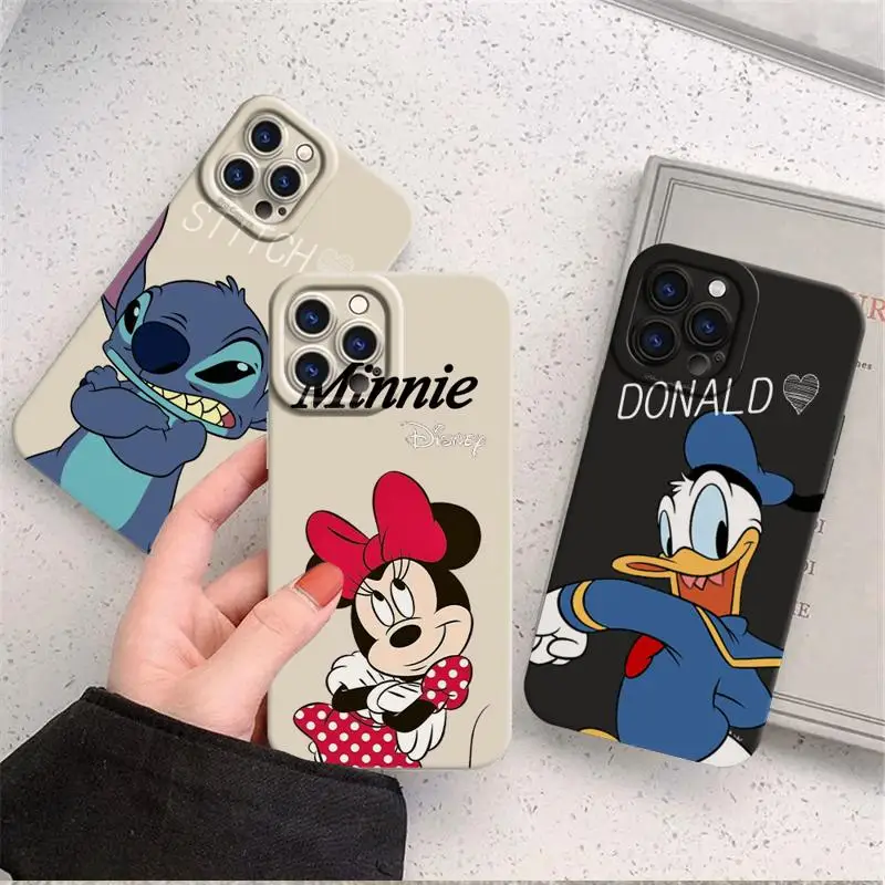 Minnie Mouse Donald Duck Stitch Pooh Phone Case for iPhone 15 14 13 12 11 Pro Max Plus Solid Color Silicone Matte Cover Funda