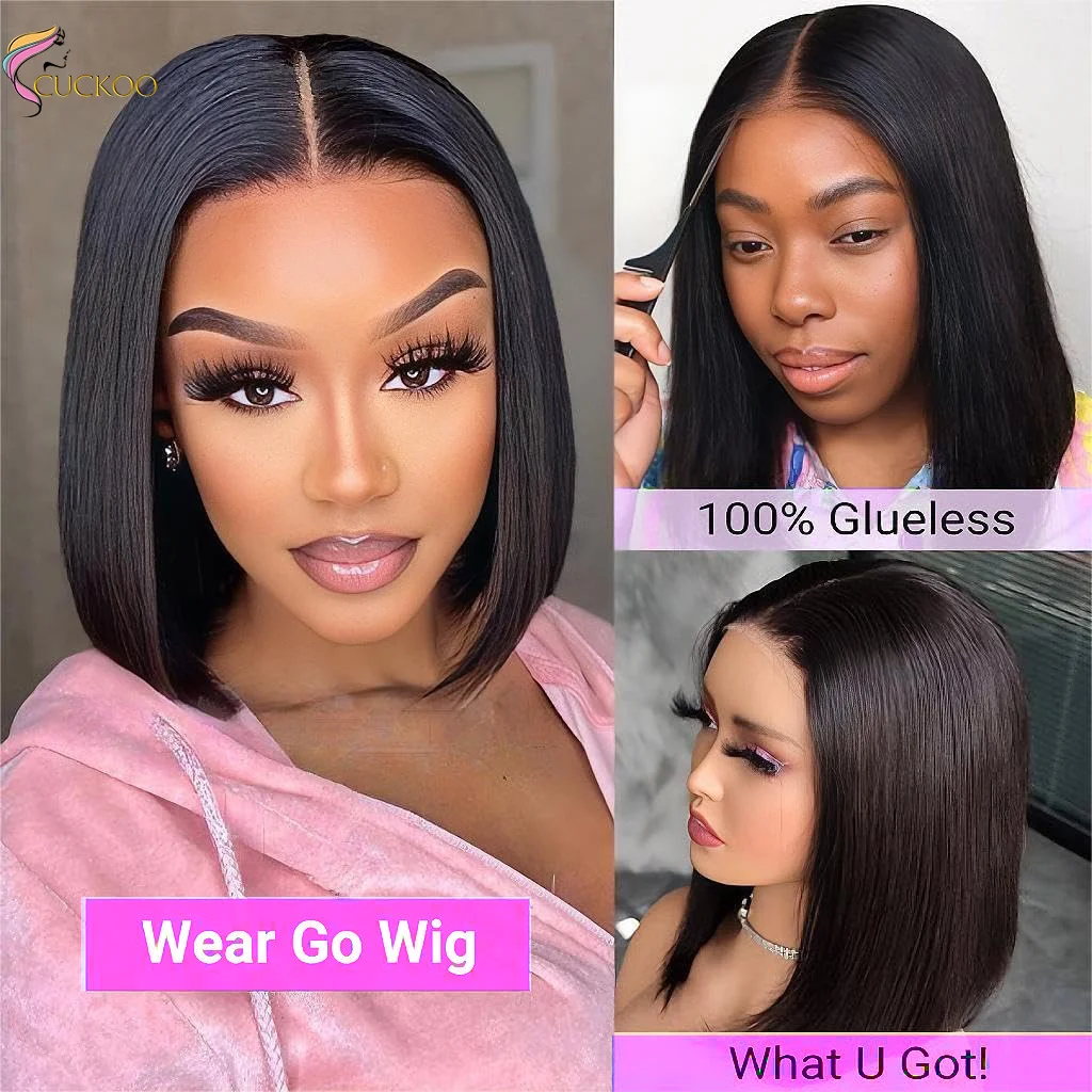 Perruque Bob Lace Front Wig sans colle naturelle, cheveux lisses, HD, 13x6, pre-à-porter, 100% de densité, pour femmes