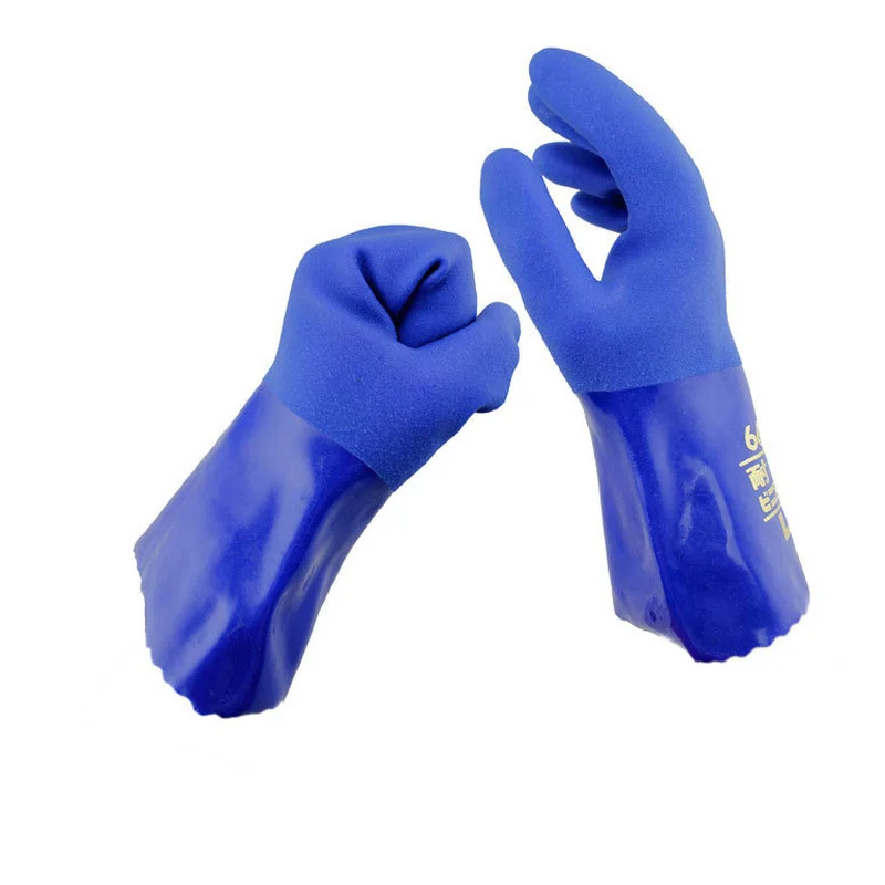 Guantes de goma de PVC resistentes al aceite, resistentes a ácidos y álcalis, forro azul de algodón, guantes protectores de seguridad Industrial, 1