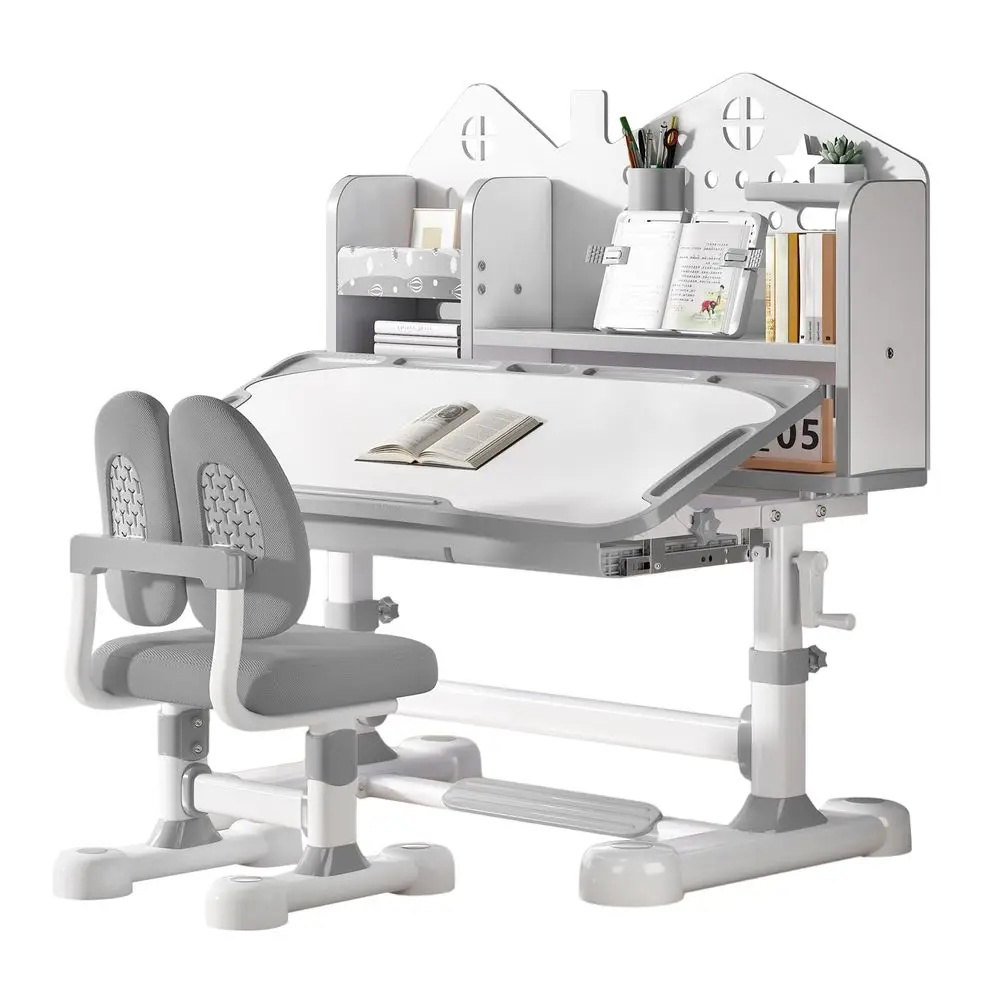 Desk and Chair Set Height Adjustable, Ergonomic Study Desk for Kids Ages 312 with 050 Tiltable Desktop, Easy Crank System, Draw