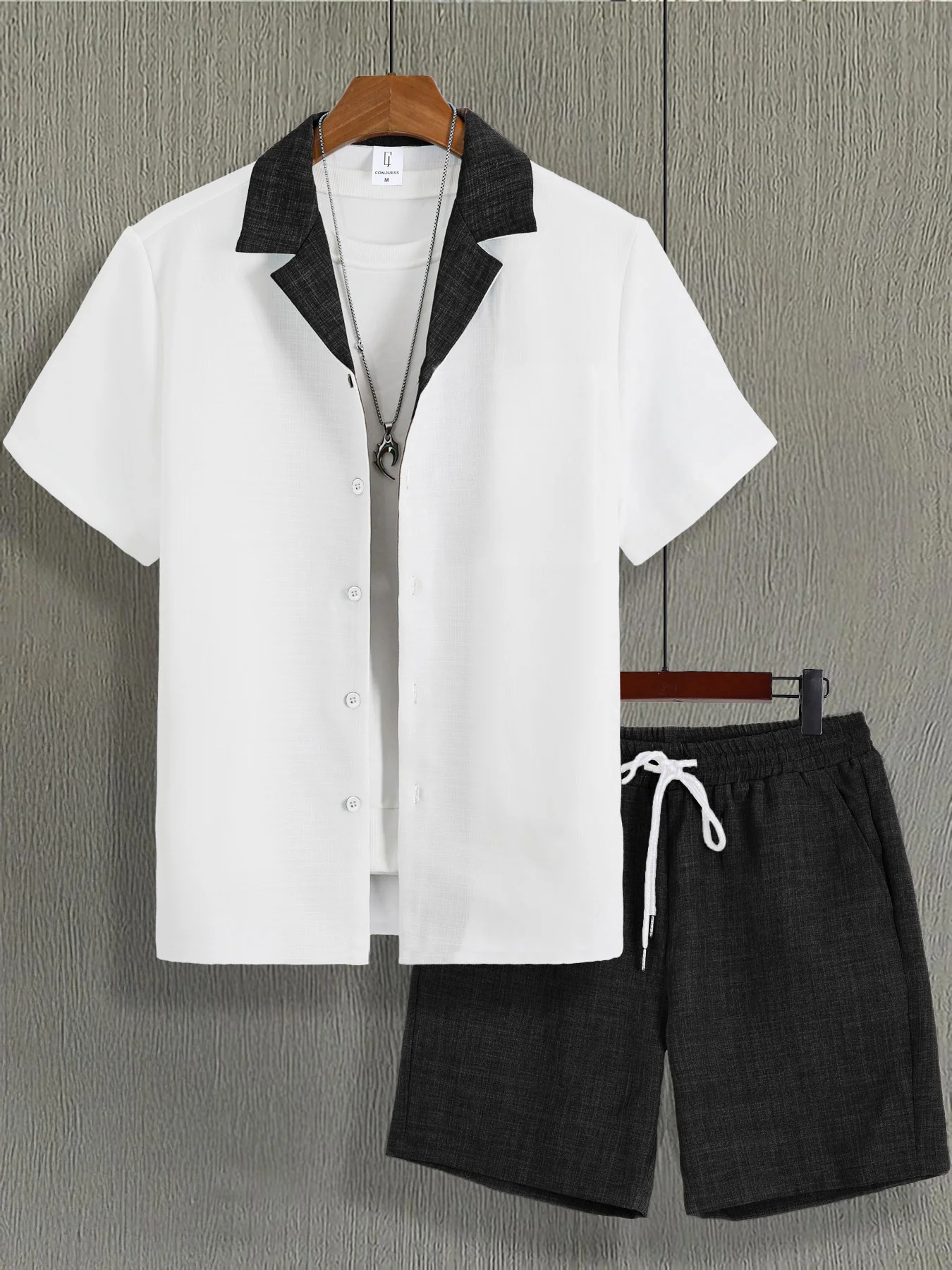 

Black & White Color Block Collar Shirt Set, Men's Minimalist Casual Two-Piece
