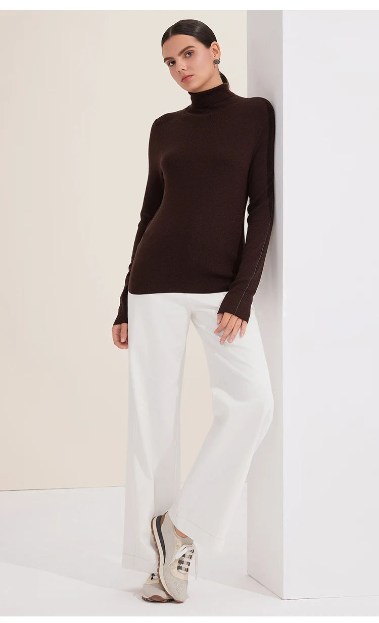 BY3521215 Premium Wollstrickpullover für Damen, eleganter Rollkragenpullover, einfarbig brauner Pullover, schickes, schmales Basic-Top für Bürodamen – Detail 6