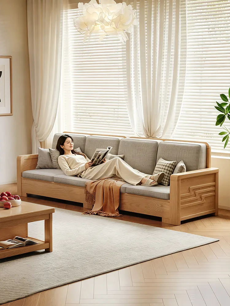Log wind straight row sofa Nordic small apartment living room winter and summer dual-purpose storage sofa ash wood solid wood