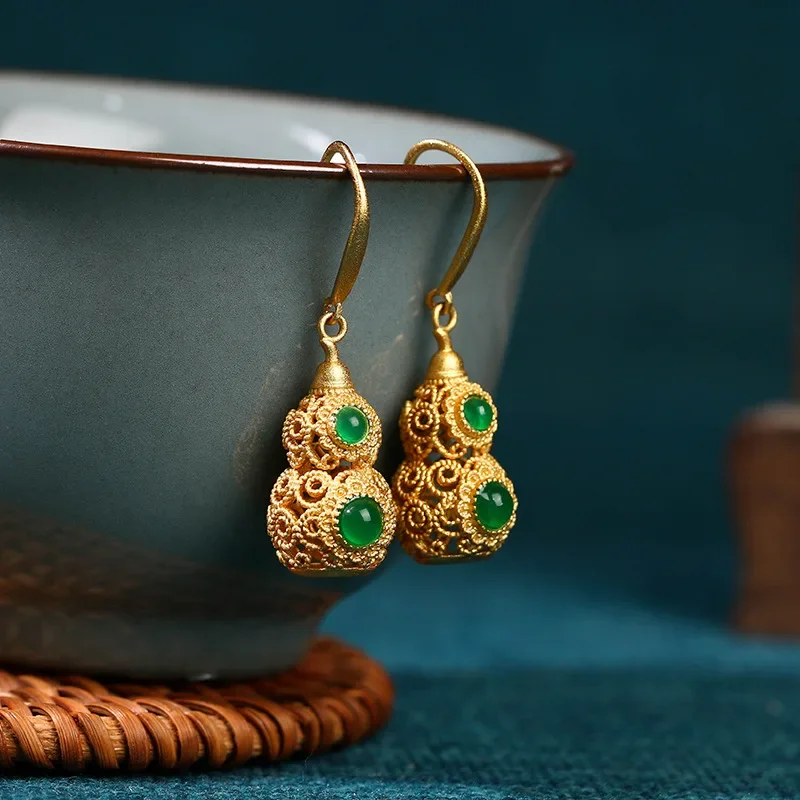 

Chinese Palace Style Green Gourd Copper Gold Plated with Jadeite Vintage Jewelry Women's Earrings